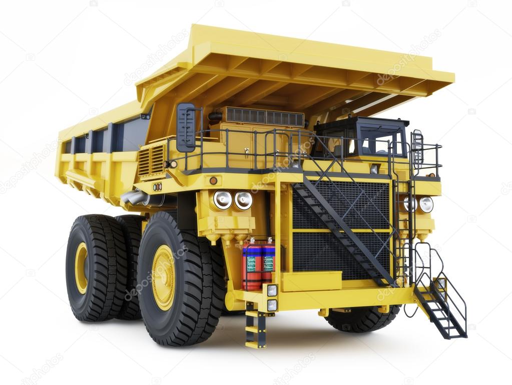 Large industrial mining dump truck on an isolated white background.