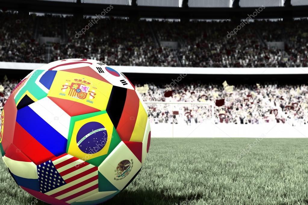 3d rendering of a soccer ball on the field of the participating countries in soccer.