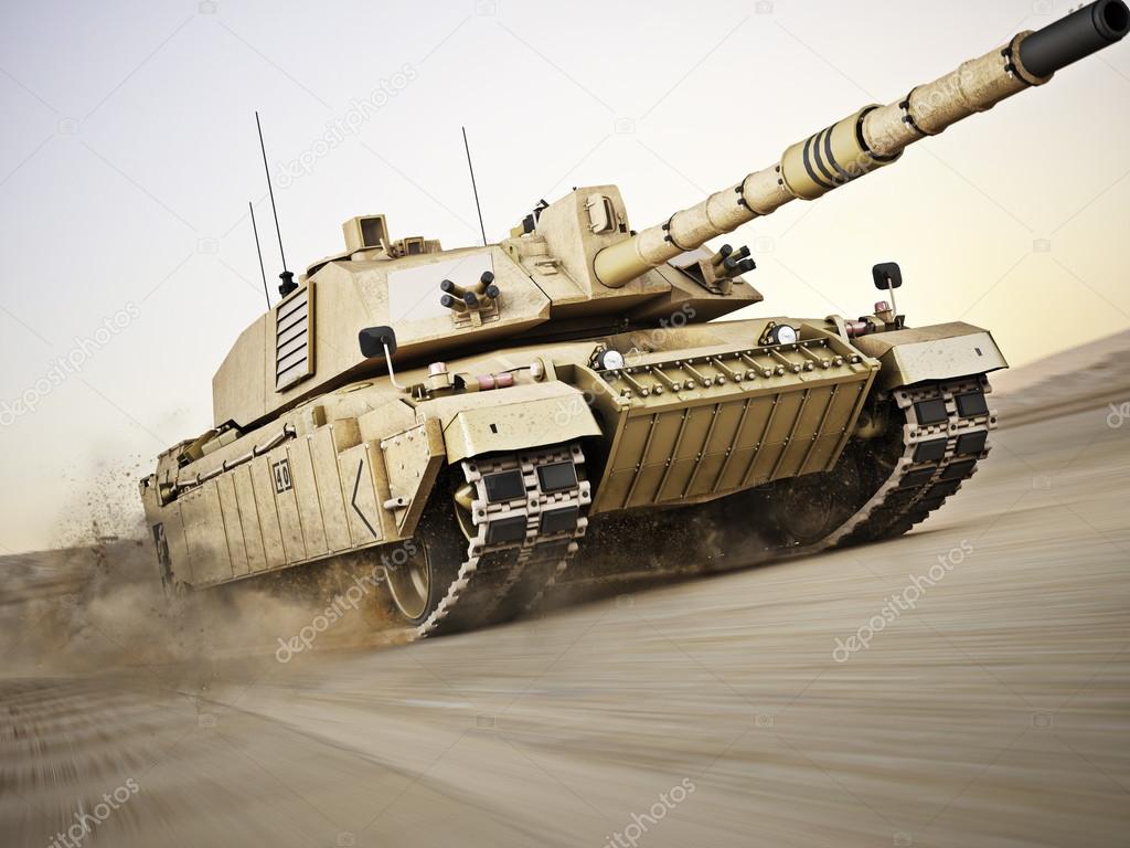 Military armored tank moving at a high rate of speed with motion blur over sand.