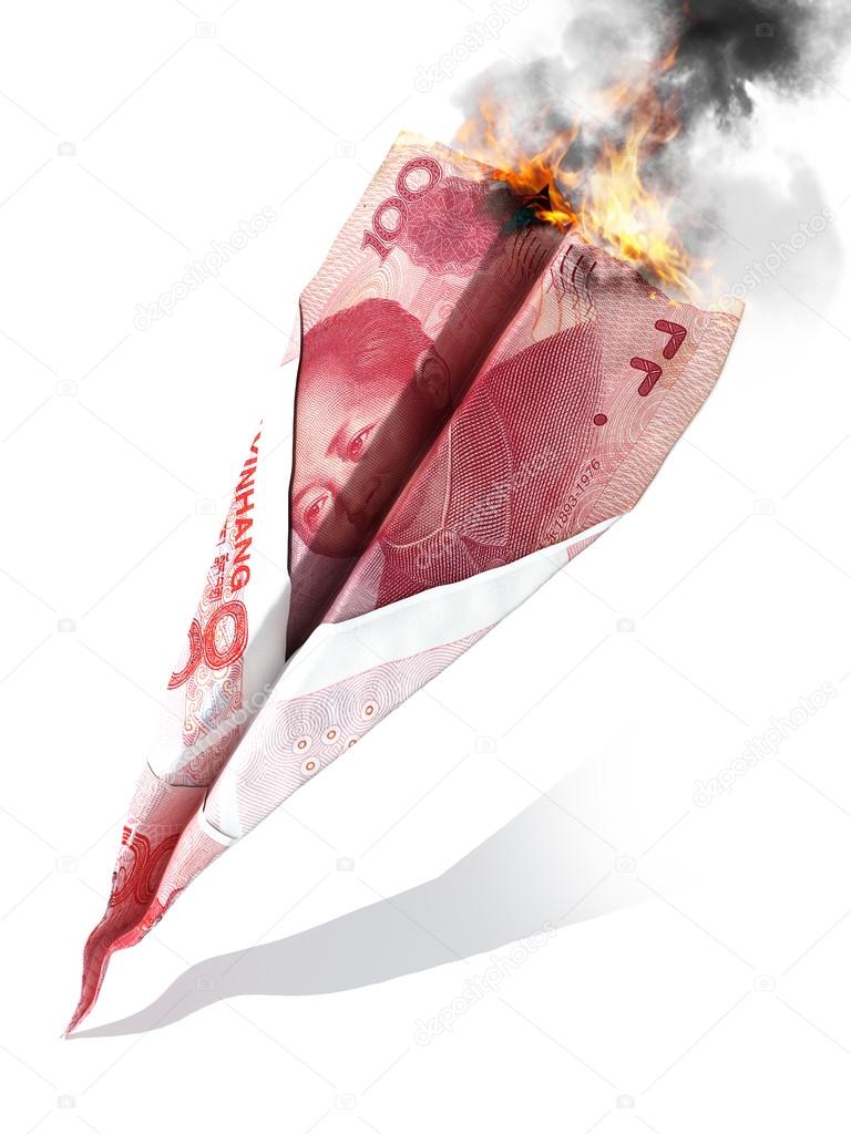 Chinese market crash or dept concept. Chinese yuan currency in the