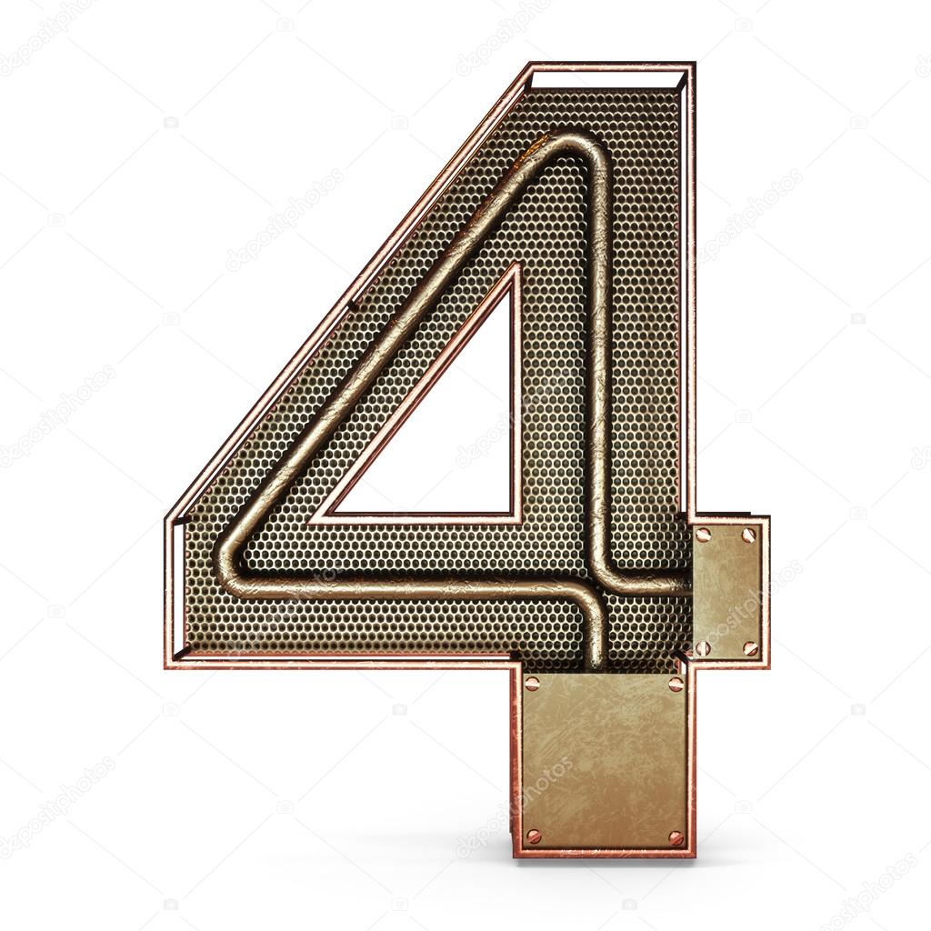 3d number four 4 symbol with rustic gold metal, mesh, tubes with copper and brass accents.Isolated on a white background.