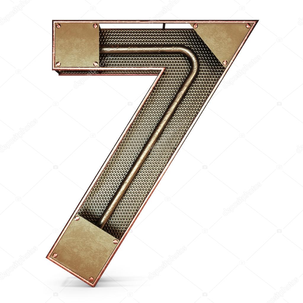 3d number seven 7 symbol with rustic gold metal, mesh, tubes with copper and brass accents.Isolated on a white background.