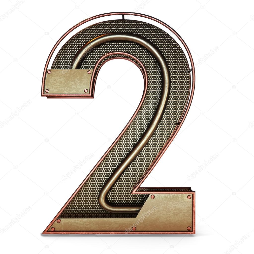 3d number two 2 symbol with rustic gold metal, mesh, tubes with copper and brass accents.Isolated on a white background.
