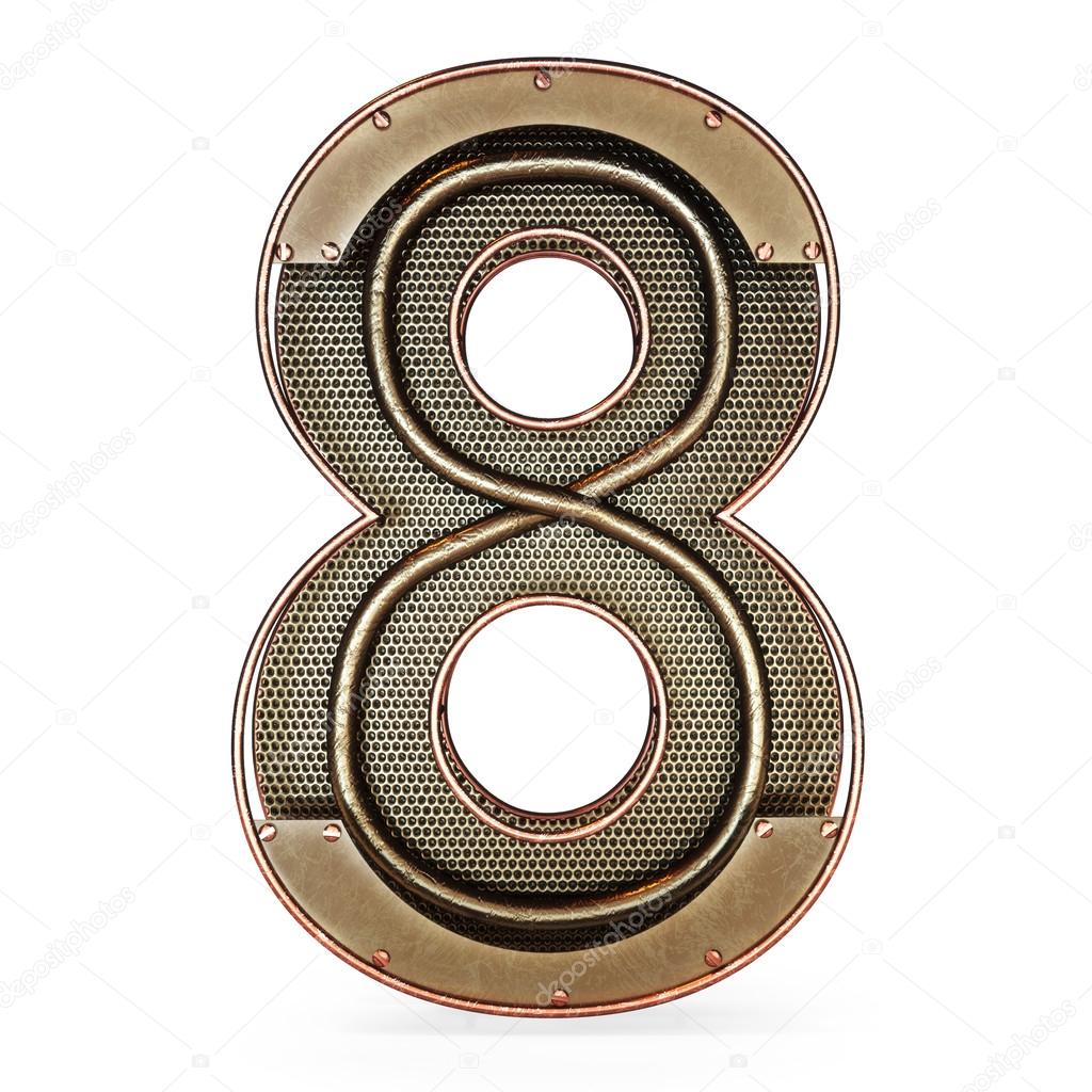 3d number eight 8 symbol with rustic gold metal, mesh, tubes with copper and brass accents.Isolated on a white background.