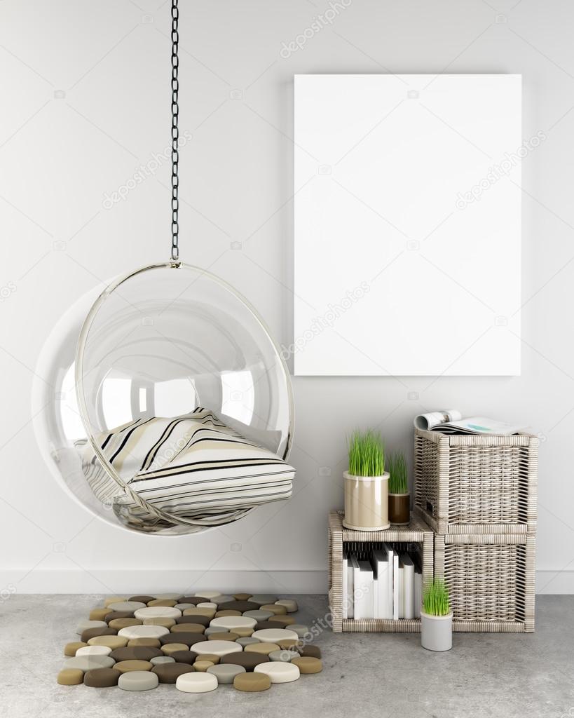 Mock up poster in hipster interior background, Photo realistic 3D render scene.