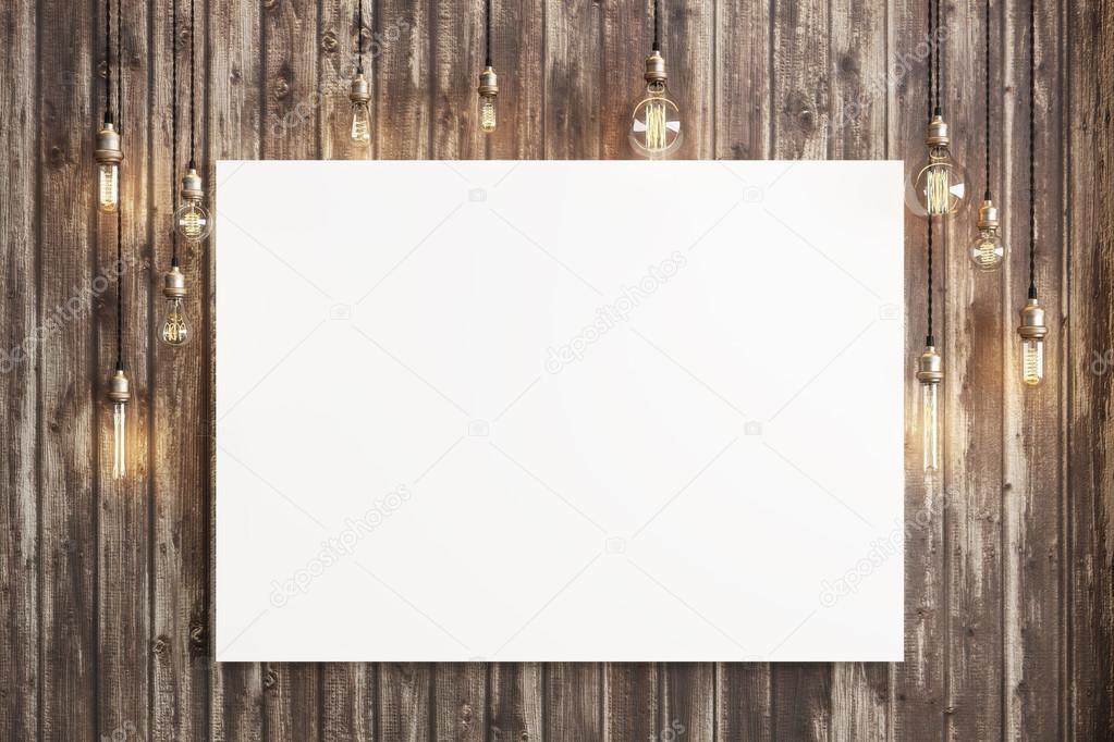 Mock up poster with ceiling lamps and a rustic wood background, Photo realistic 3d illustration.