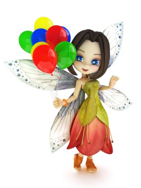 Cute toon fairy with wings smiling holding balloon's on a white isolated background