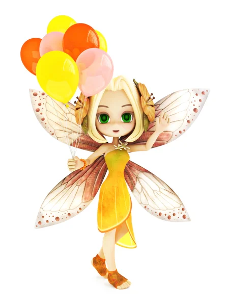 Cute toon fairy with wings smiling holding balloon's on a white isolated background. — Φωτογραφία Αρχείου