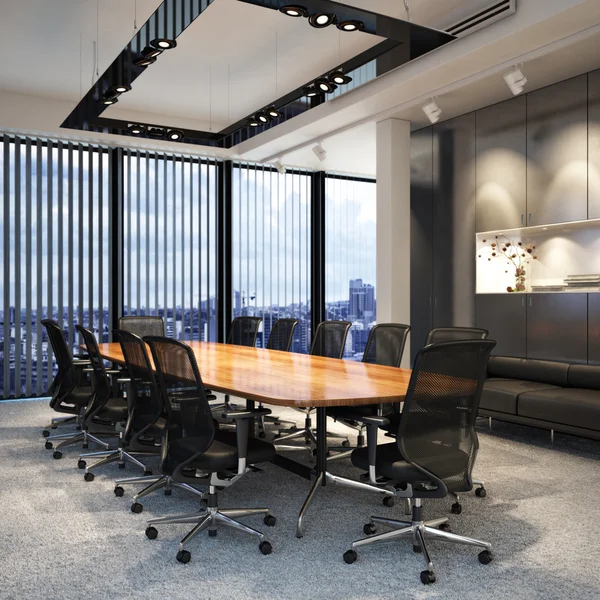 Executive moderna Tom business office konferensrum med utsikt över en stad. — Stockfoto