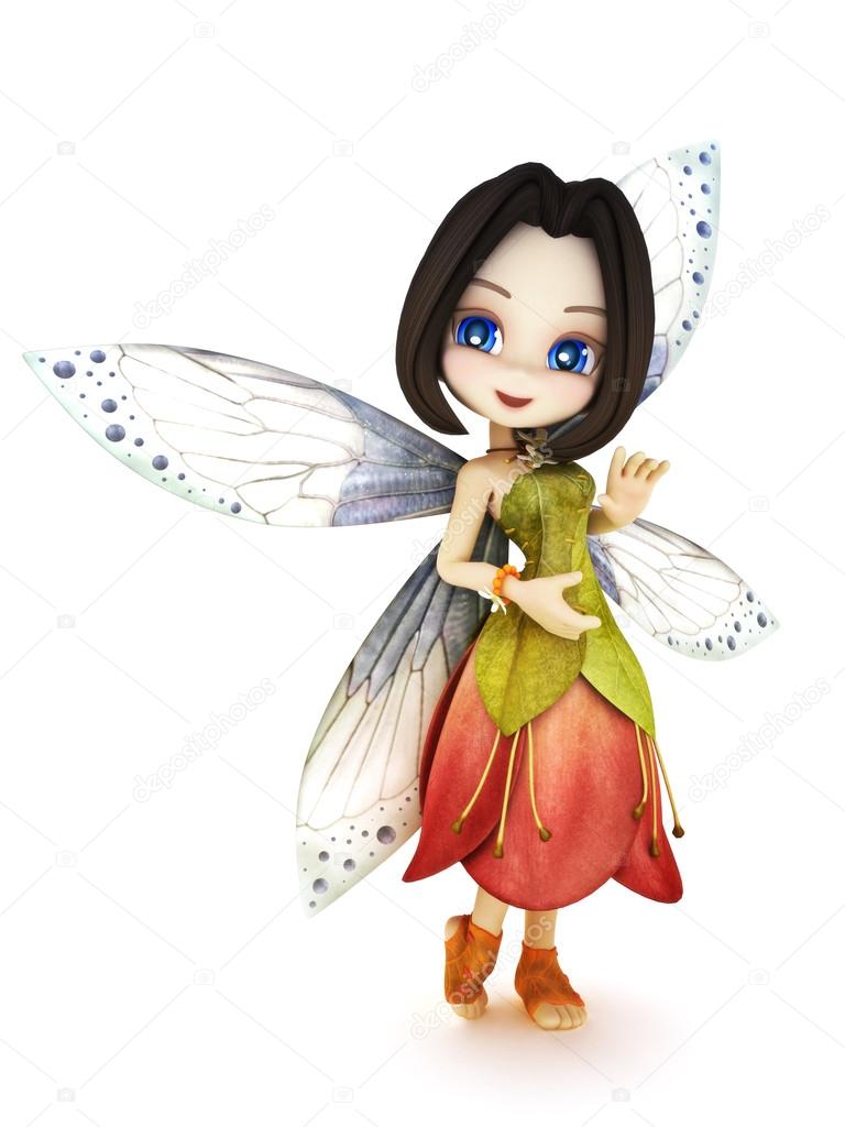 Cute toon fairy with wings smiling on a white isolated background.