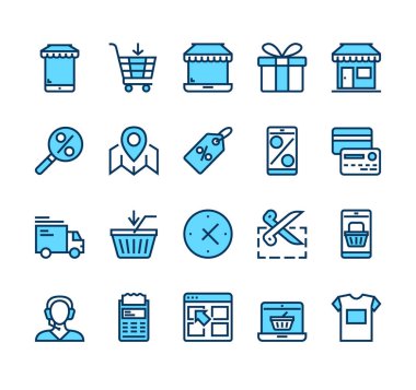 Çevrimiçi alışveriş ticareti perakende satış simgesi koleksiyonu. Vektör düz grafik tasarım çizgi film illüstrasyonu