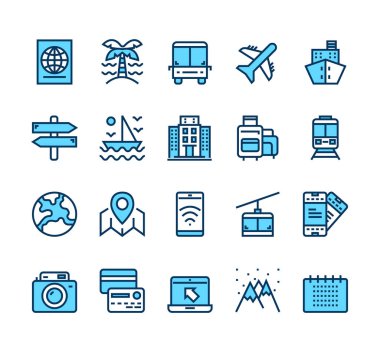 Seyahat turizmi tatil hattı ikon koleksiyonunu izole etti. Vektör düz grafik tasarım çizgi film illüstrasyonu