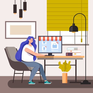 Kadın karakter dizüstü bilgisayardan alışveriş yapıyor. Çevrimiçi internet alışveriş vektörü düz grafik tasarım illüstrasyon kavramı