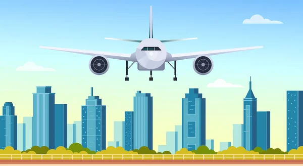 Airplane Fly Modern City Skyscrapers Vector Flat Graphic Design Illustration — Stock Vector