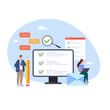 Çevrimiçi araştırma sınavı eğitimi yeşil işaretli konsept vektör düz çizgi film grafik tasarımı illüstrasyonunu seçiyor