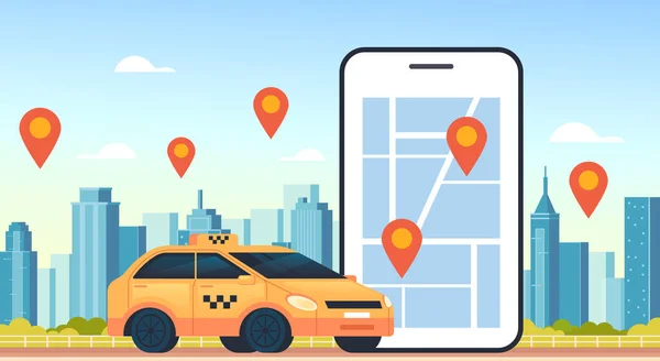 Taxi Mobilt Internet Online Uber Samåkning Parkering Koncept Vektor Platt — Stock vektor