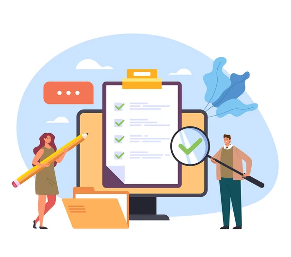 オンラインインターネットアンケートチェックマーク試験フィードバックテストトレーニングクラスコンセプトベクトルフラット漫画グラフィックデザインイラスト — ストックベクタ