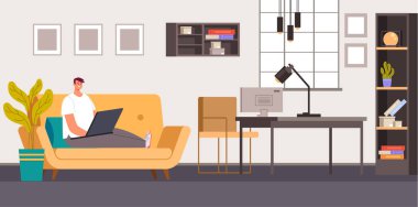 Oturma odasındaki kanepede yatan ve çalışan serbest çalışan bir adam. Ev serbest ofis konsepti. Vektör düz grafik tasarımı basit illüstrasyon