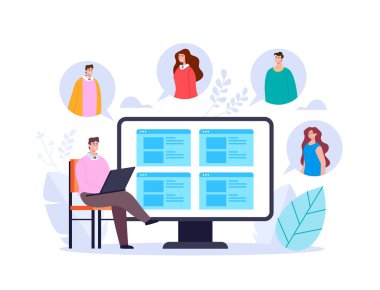 Businessan ofis çalışanı internetteki internet uygulaması aracılığıyla meslektaşıyla konuşuyor. Bsiness video konferansı evde kalıp soyut grafik tasarımı resimlemesi