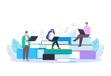 İnsanlar kadın karakter okuyan erkek öğrenciler. Eğitim, soyut grafik tasarım örneklemesi öğreniyor