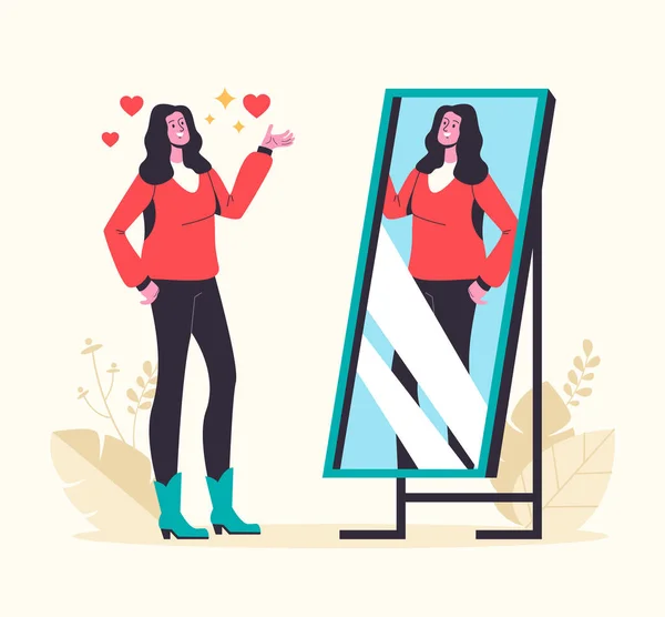 Narcissistic Woman Looking Mirror Fall Love Herself Vector Graphic Design — Stock Vector