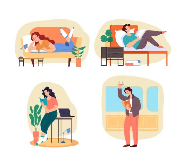 İnsan öğrenciler kitap okuyup, ev ve dışarıda kitap okuyup, izole edilmiş muayene konsepti hazırlıyorlar. Vektör grafik tasarımı düz basit modern illüstrasyon