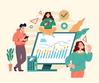 İnternet üzerinden internet analitik ofis takım çalışması. Düz çizim grafik tasarım kavramı