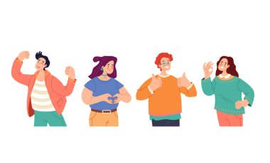 İnsanlar kadın erkek, erkek, kız, kız karakterler, olumlu duygular ve jest seti. Düz çizim grafik tasarım kavramı