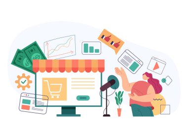 İnternet üzerinden duyuru yapan yönetici kadın chracter reklamcılık konsepti. Vektör düz çizgi film modern biçim soyut illüstrasyon