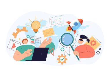 SEO internetteki optimizasyon konseptini arıyor. Vektör düz çizgi film modern biçim soyut illüstrasyon