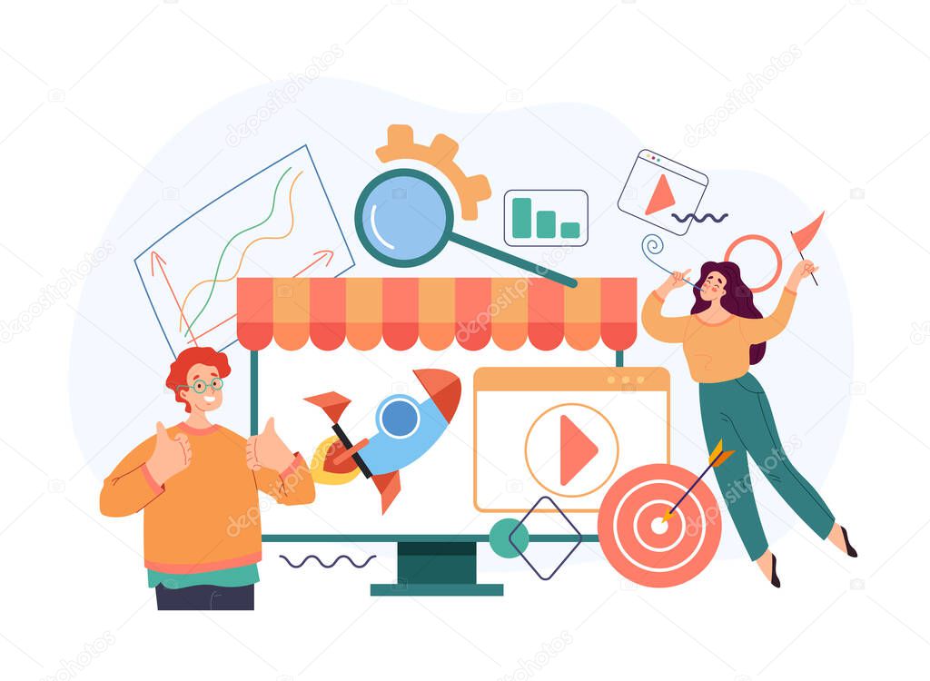 Online web internet marketing store trading start up new business concept. Vector flat cartoon modern style abstract illustration
