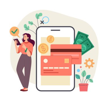 Kadın tüketici banka müşterisi internet üzerinden kredi alıyor. Çevrimiçi internet bankacılığı kavramı. Vector yassı basit modern biçim illüstrasyonu