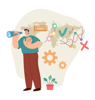 İş adamı ofis çalışanı karakteri dürbün konseptiyle gelecekteki fırsatları değerlendiriyor. Modern biçim basit düz vektör çizimi