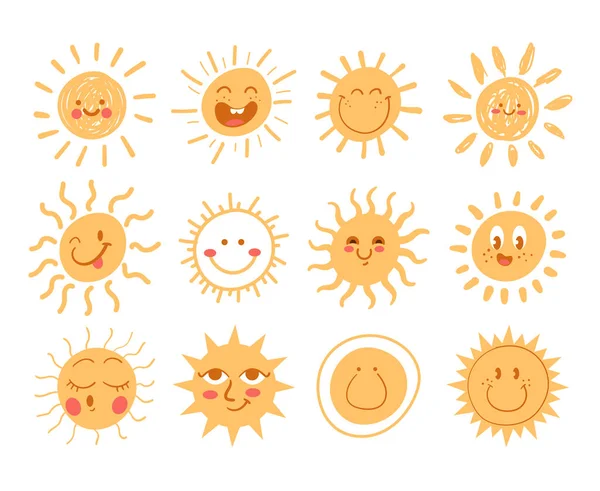 Conjunto Mão Simples Desenhado Doodle Sol Com Rostos Sorridentes Engraçados —  Vetores de Stock