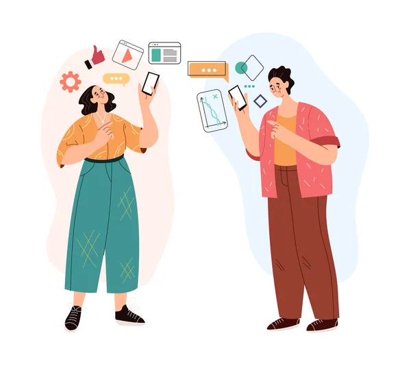 People man woman characters using phone and social media concept. Modern style simple flat vector illustration
