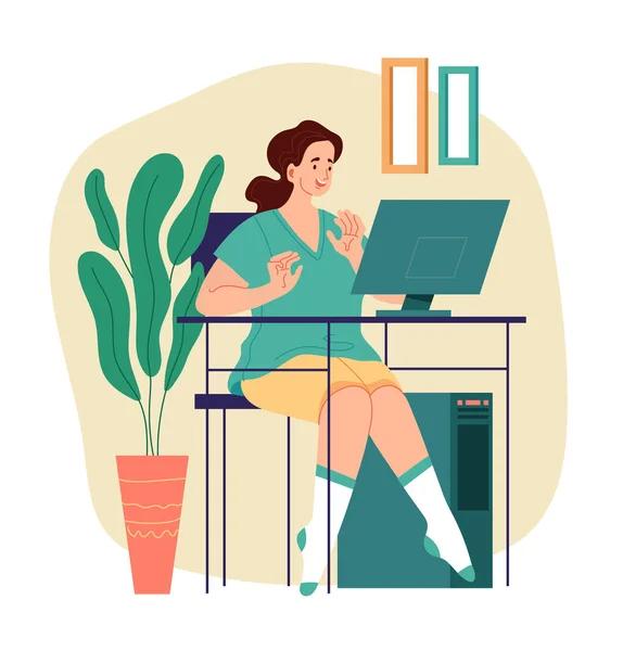 Masada Oturan Bilgisayar Başında Çalışan Serbest Çalışan Bir Kadın Modern — Stok Vektör