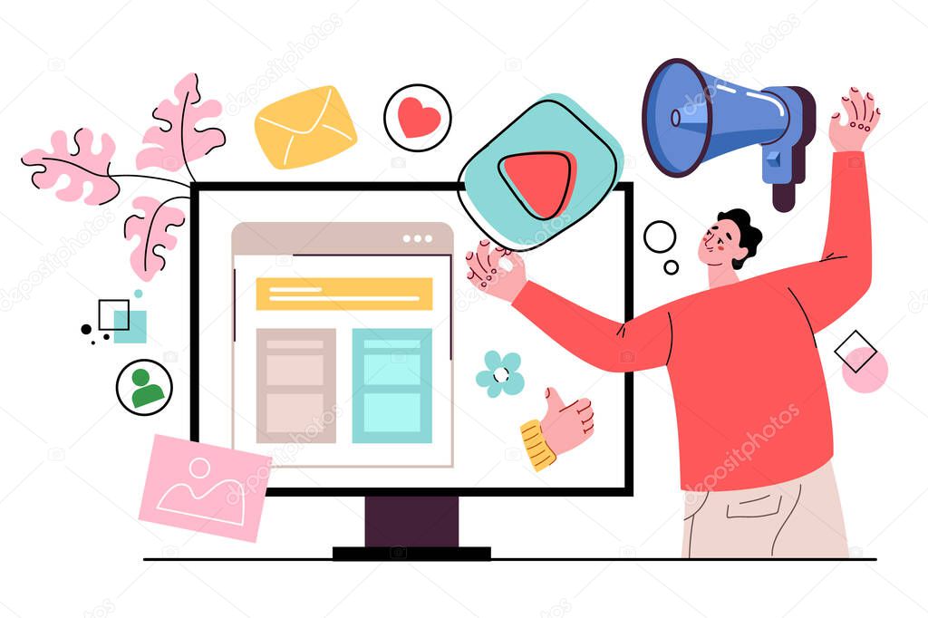 Viral social media marketing business advertising online internet announcement abstract concept. Modern style flat cartoon graphic illustration