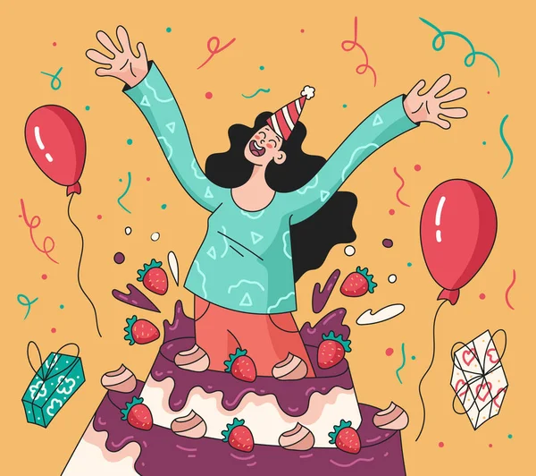 Feliz Chica Sonriente Personaje Saltando Torta Grande Feliz Cumpleaños Felicitaciones — Vector de stock