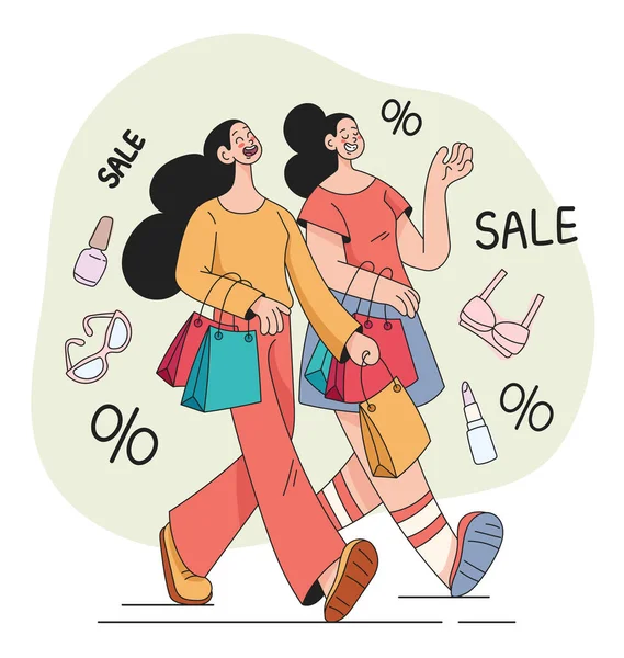 Kvinnliga Flickvänner Gör Inköp Shopping Försäljning Handel Rabatt Banner Affisch — Stock vektor