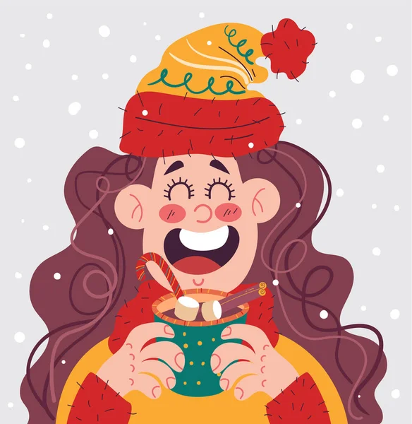 Kadın Karakter Sıcak Kış Içeceği Içiyor Mutlu Noeller Mutlu Yeni — Stok Vektör