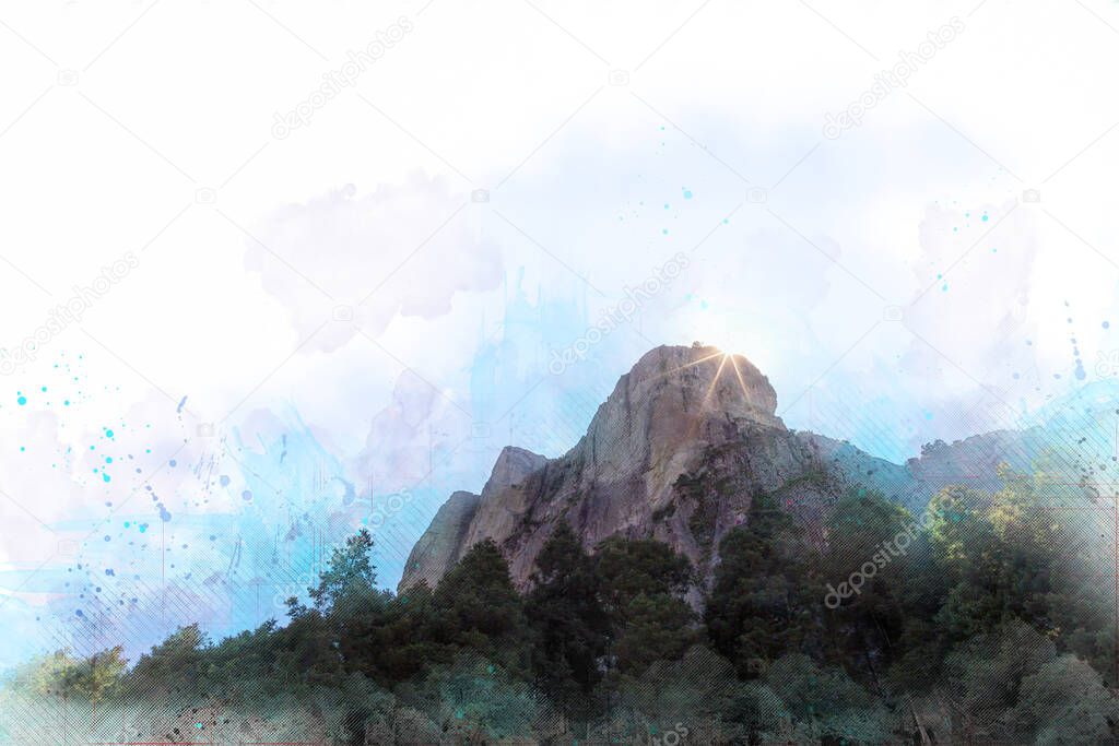 graphic design painting Beautiful shot of high mountains and hills covered by greenery on a sunny day