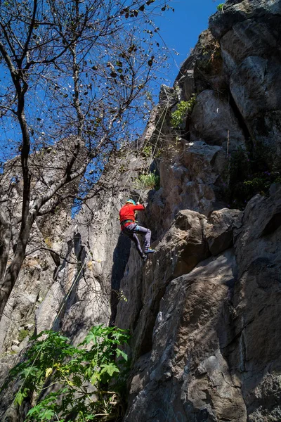 Joven Escalando Una Pared Piedra Caliza Con Amplio Valle Fondo — Foto de Stock