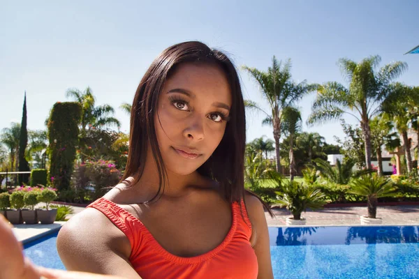 Hispanic Female Orange Swimsuit Pool — Stock Photo, Image