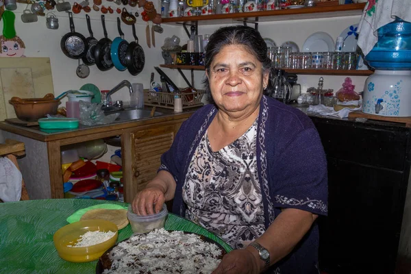 Kvinnlig Kock Som Poserar Med Tallrikar Traditionella Livsmedel Enchilada Mole — Stockfoto