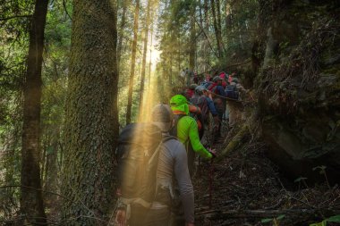 A group of hikers with backpacks hiking through the forests of Iztaccihuatl in Mexico