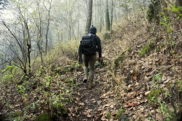 Male Backpack Hiking Climbing Top Pinal Volcanic Mountain Puebla Mexico — Stock Photo, Image