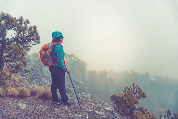 Vrouw Reist Met Rugzak Bergbeklimmen Travel Lifestyle Concept — Stockfoto