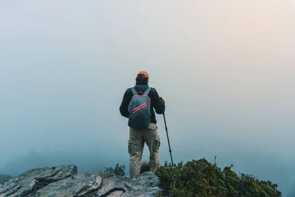 Wędrowiec Stojący Szczycie Klifu Wzgórzu Patrzący Horyzont Przestrzenią Kopiowania — Zdjęcie stockowe