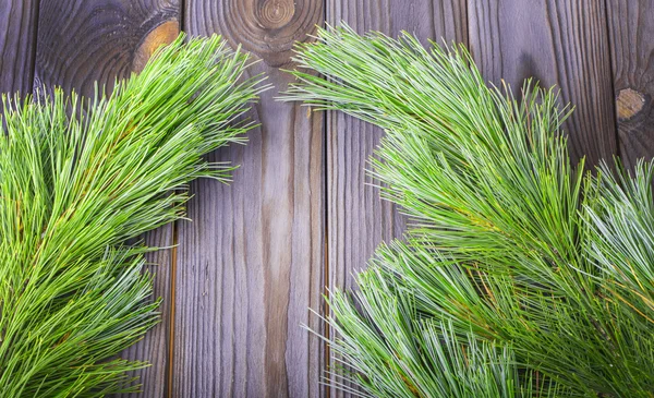Ahşap arka plan üzerinde bir Noel ağacının dalları — Stok fotoğraf