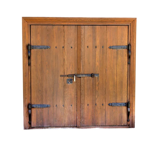 Staré dřevěné zamčené dveře na bílém pozadí — Stock fotografie